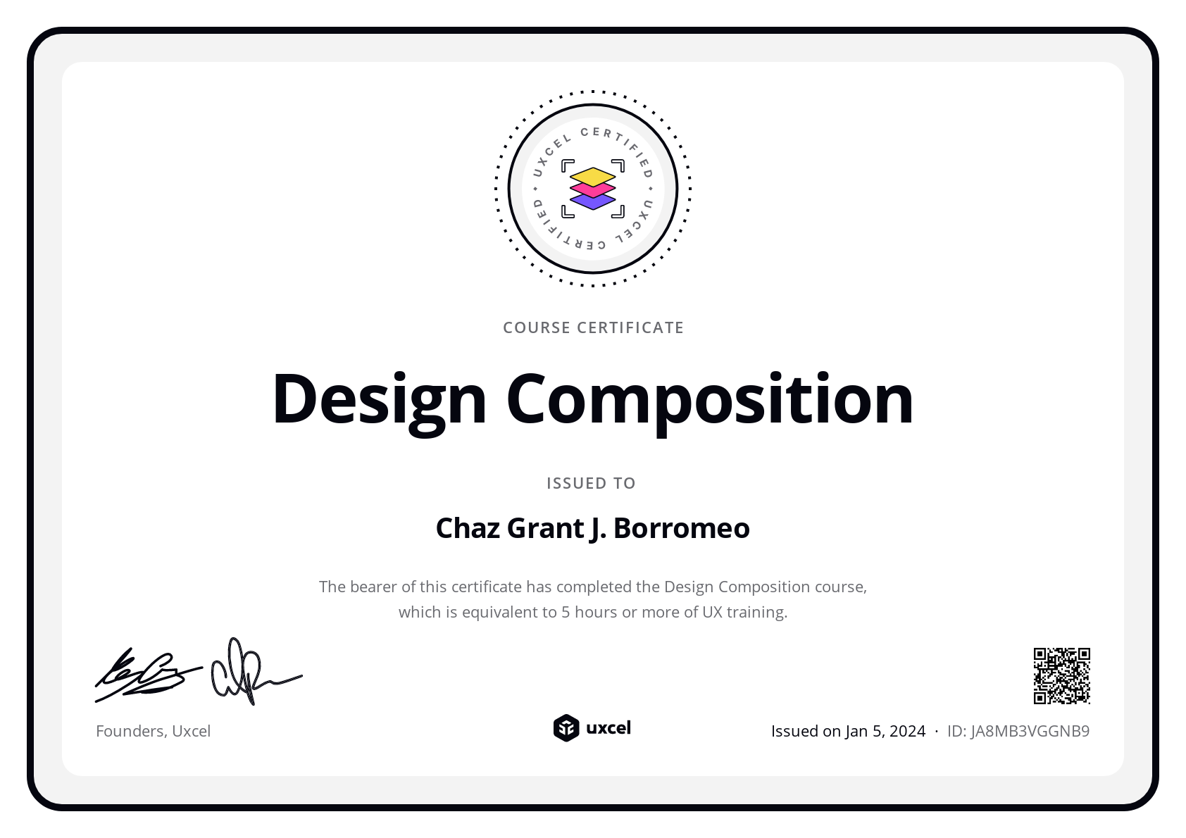 Chaz Grant J. Borromeo's certificate